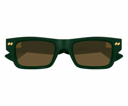 Green sunglasses with brown lenses on a white background