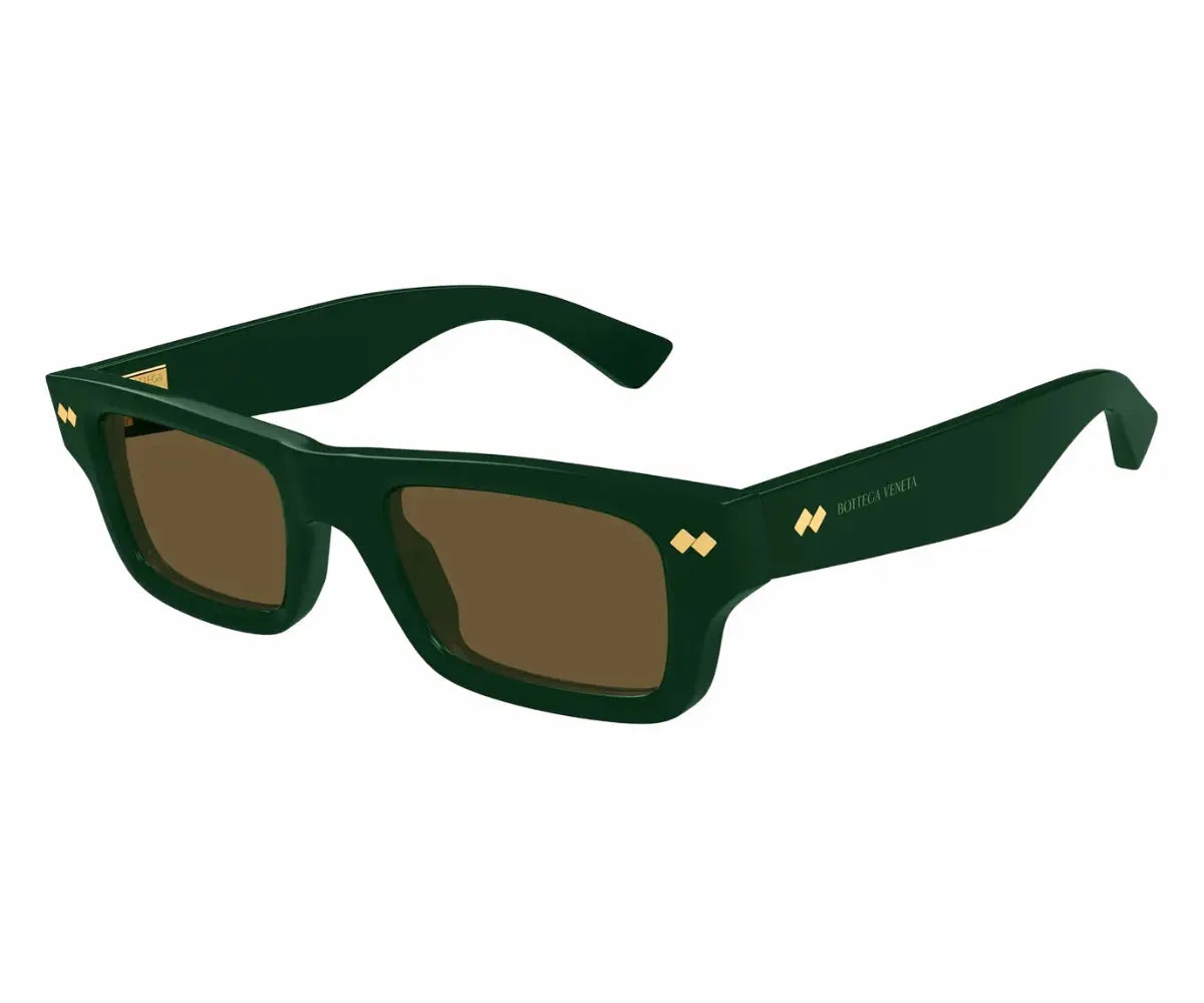 Green sunglasses with gold accents on a white background