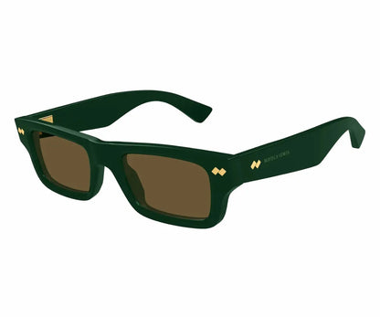 Green sunglasses with gold accents on a white background