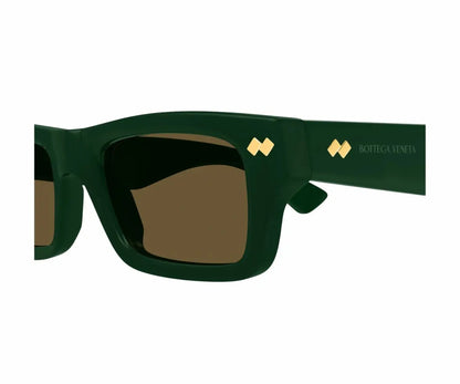 Green sunglasses with gold logo on a white background