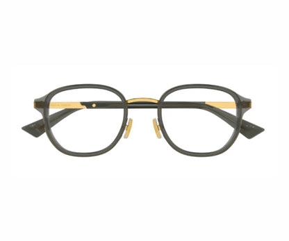 Round eyeglasses with black and gold frame on a white background