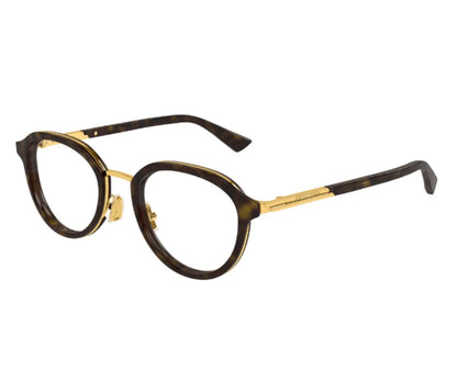 Round eyeglasses with a gold frame on a white background