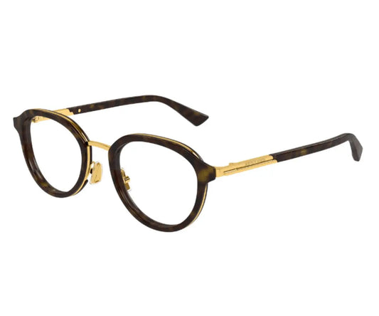 Round eyeglasses with a gold frame on a white background