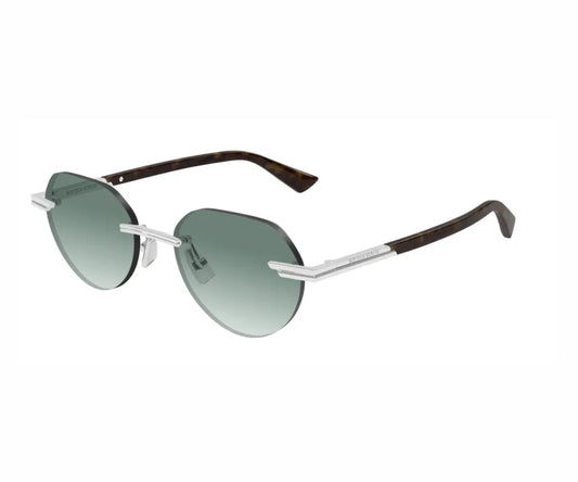 Sunglasses with gradient lenses and metallic frame on a white background