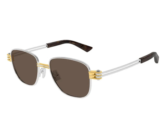 Sunglasses with gold frame and brown lenses on a white background
