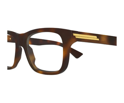 Brown tortoiseshell eyeglasses with gold accents on a white background