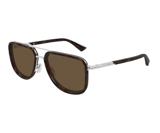 Sunglasses with brown lenses and a silver frame on a white background