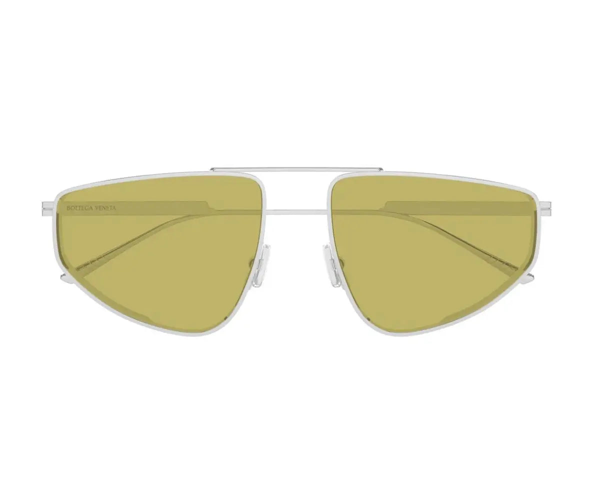 Sunglasses with gold lenses and silver frame on a white background