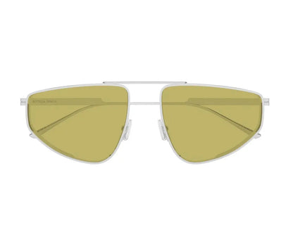 Sunglasses with gold lenses and silver frame on a white background