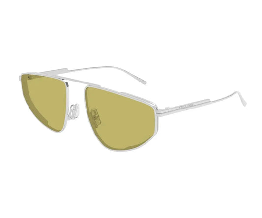 Sunglasses with gold lenses and silver frame on a white background