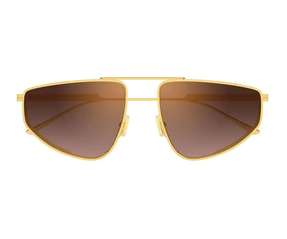 Gold-framed sunglasses with brown lenses on a white background