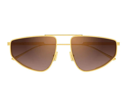 Gold-framed sunglasses with brown lenses on a white background