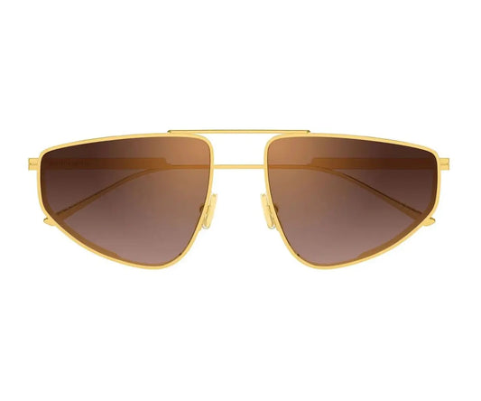 Gold-framed sunglasses with brown lenses on a white background