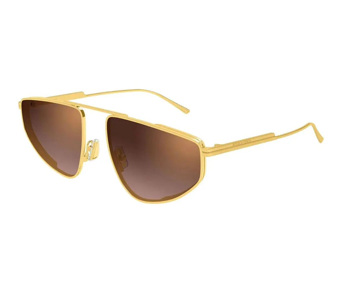 Gold-framed sunglasses with brown lenses on a white background