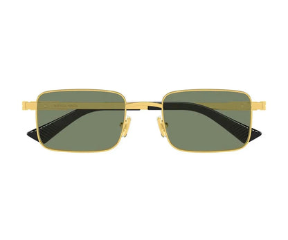 Gold-framed sunglasses with green lenses on a white background