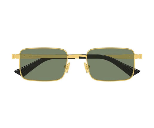Gold-framed sunglasses with green lenses on a white background