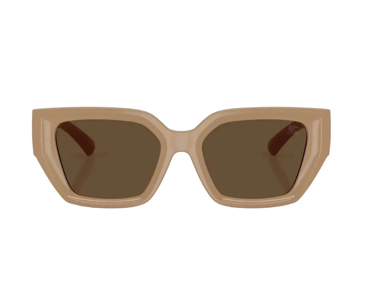 Beige sunglasses with brown lenses on a white background