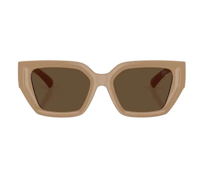 Beige sunglasses with brown lenses on a white background