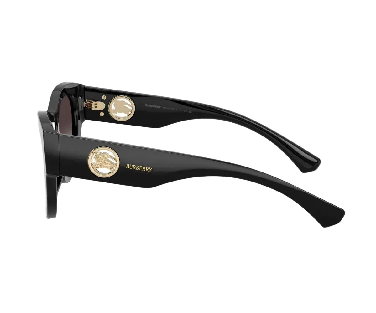 Black Burberry sunglasses with gold accents on a white background
