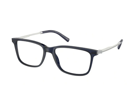 Blue eyeglasses with silver accents on a white background