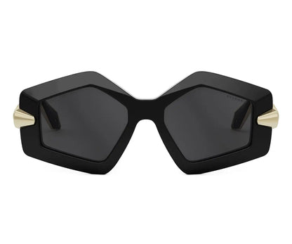 Black hexagonal sunglasses with gold accents on a white background