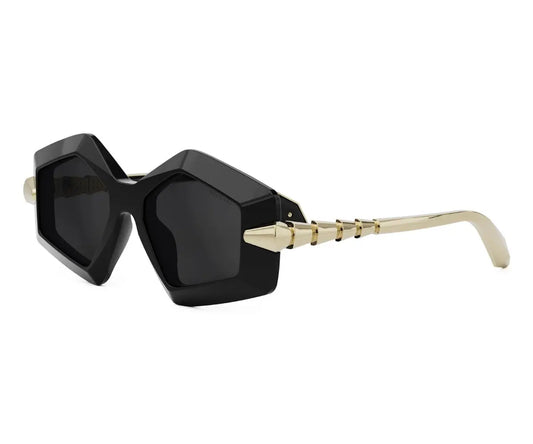 Black sunglasses with gold accents on a white background