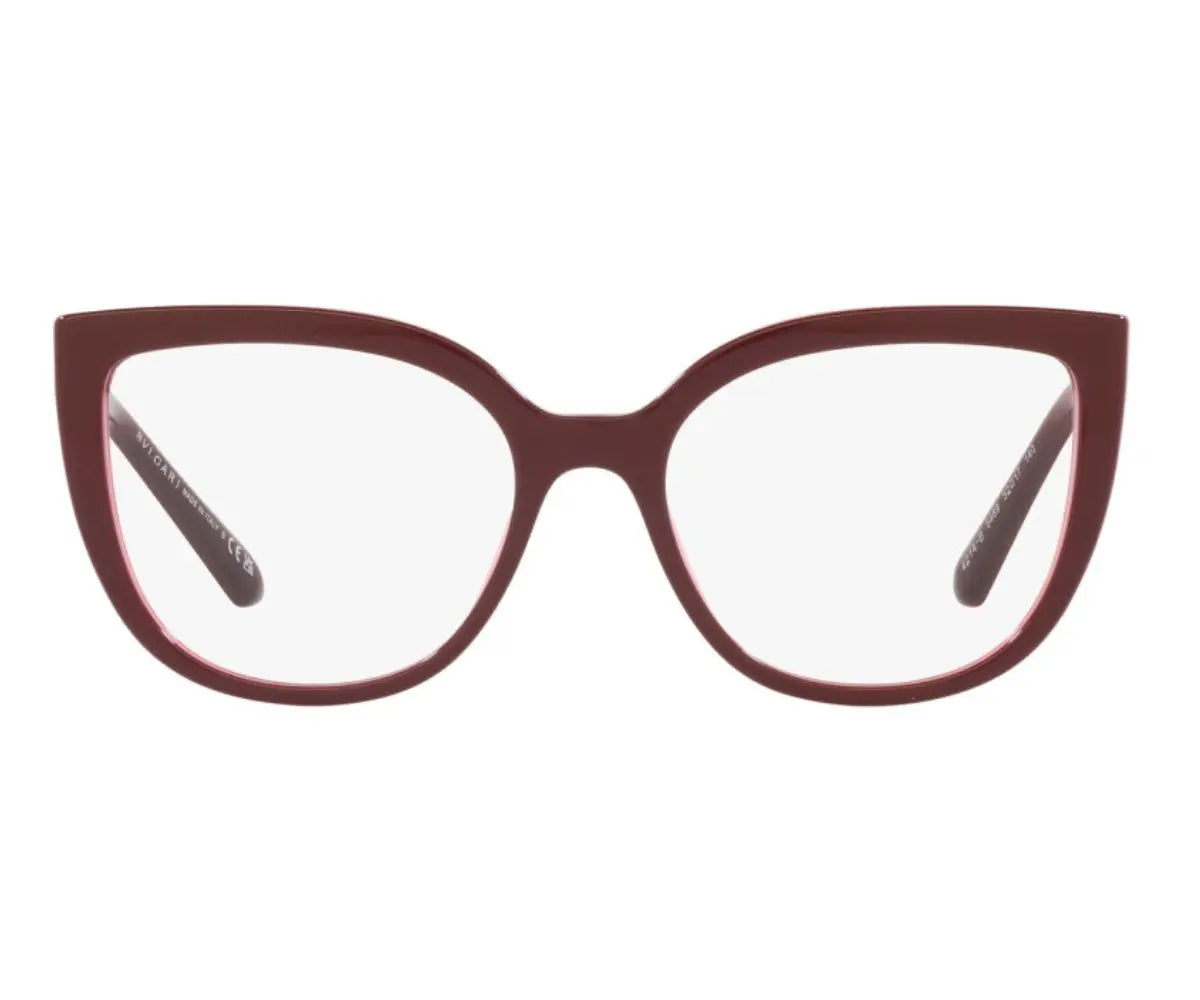 Cat-eye glasses with a maroon frame on a white background