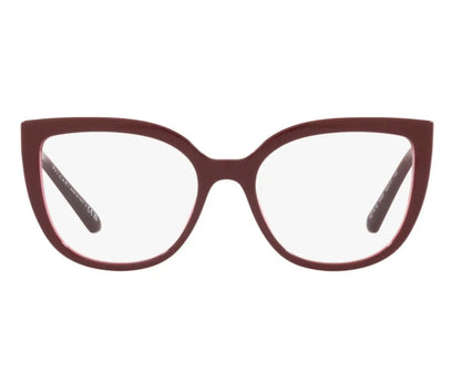 Cat-eye glasses with a maroon frame on a white background