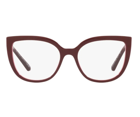 Cat-eye glasses with a maroon frame on a white background