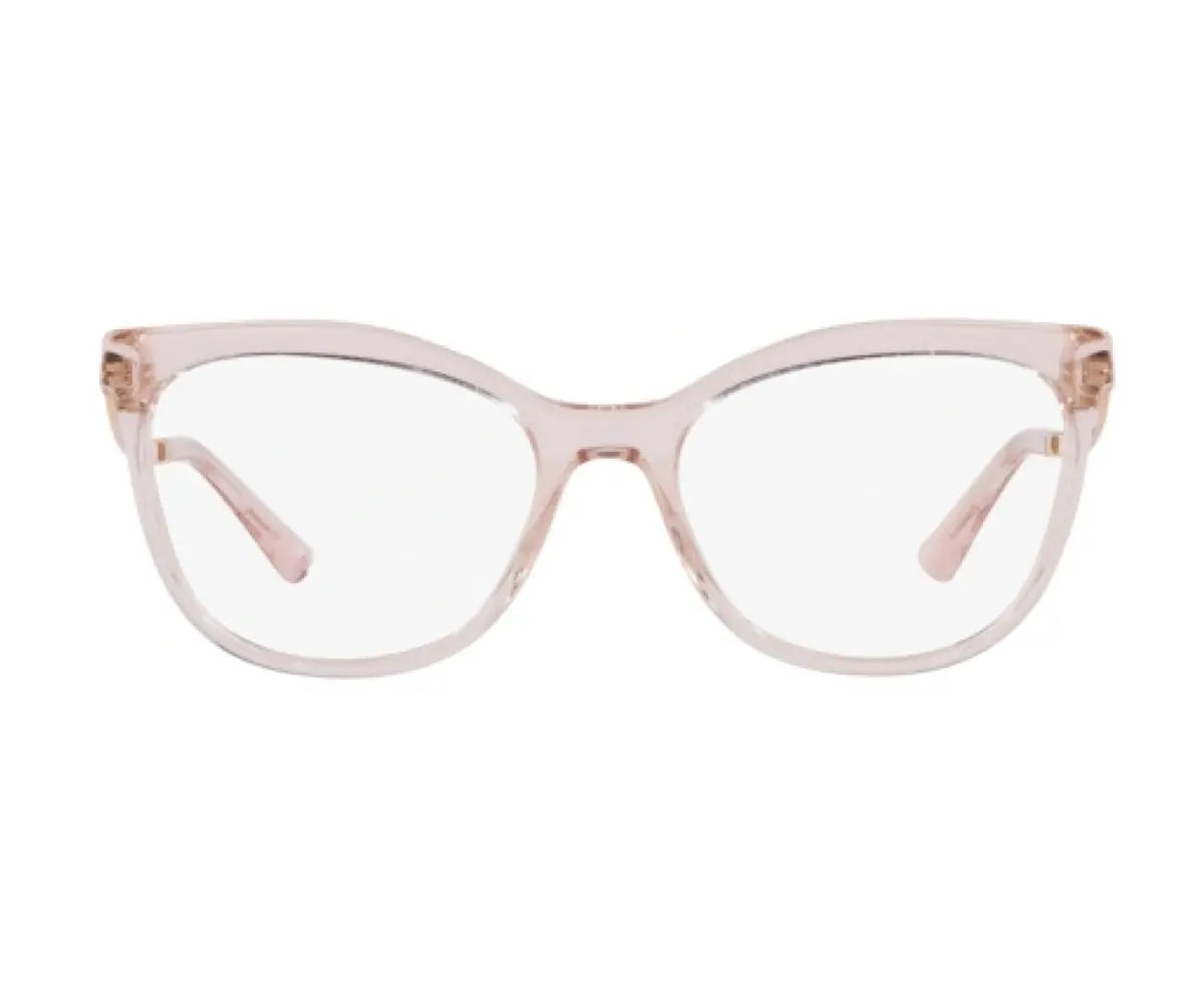 Cat-eye glasses with a light brown frame on a white background