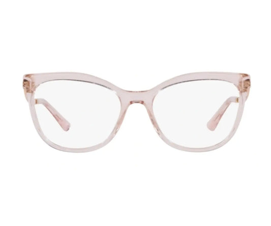Cat-eye glasses with a light brown frame on a white background