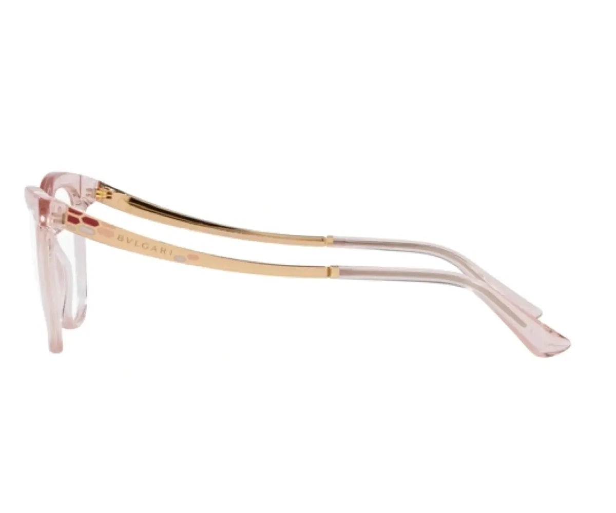 Pink and gold eyeglasses on a white background