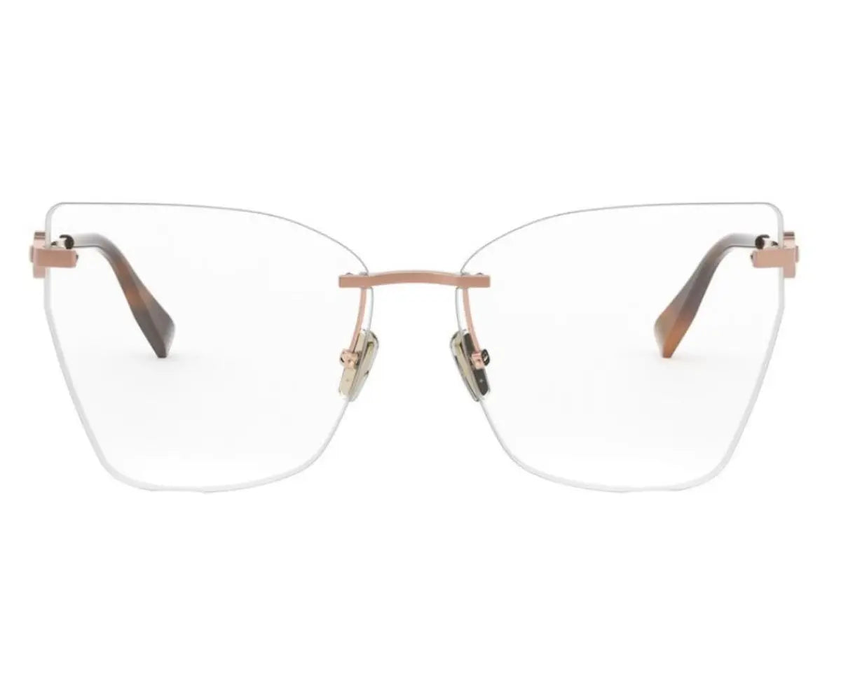 Pair of cat-eye glasses with a gold frame on a white background