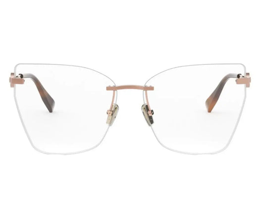 Pair of cat-eye glasses with a gold frame on a white background