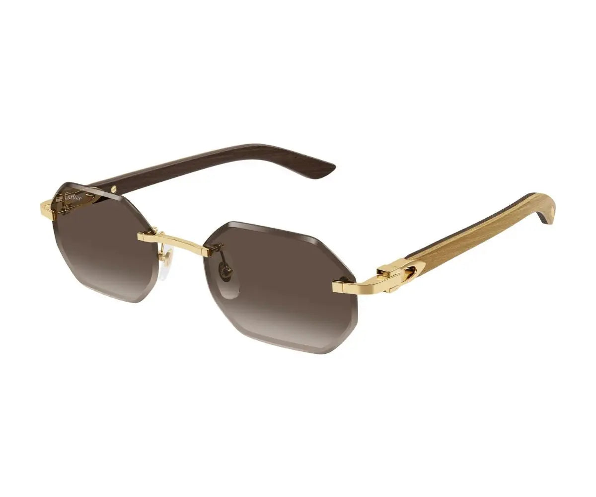 Gold-framed sunglasses with brown gradient lenses on a white background