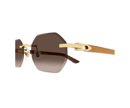 Sunglasses with gold frame and wooden arm on a white background