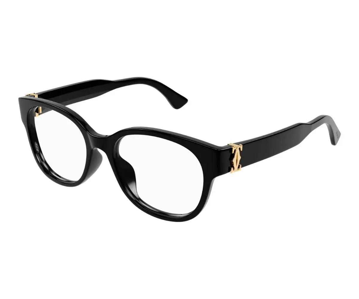 Black eyeglasses with gold accents on a white background