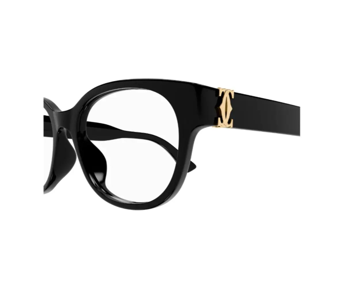Black eyeglasses with a gold accent on a white background