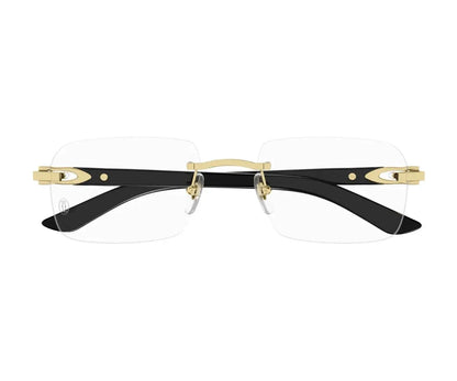 Black rimless eyeglasses with gold accents on a white background