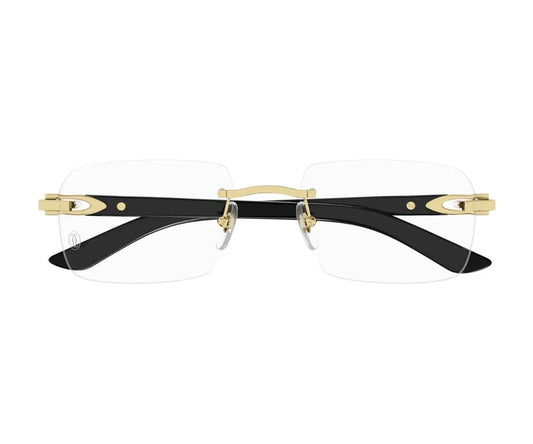 Black rimless eyeglasses with gold accents on a white background