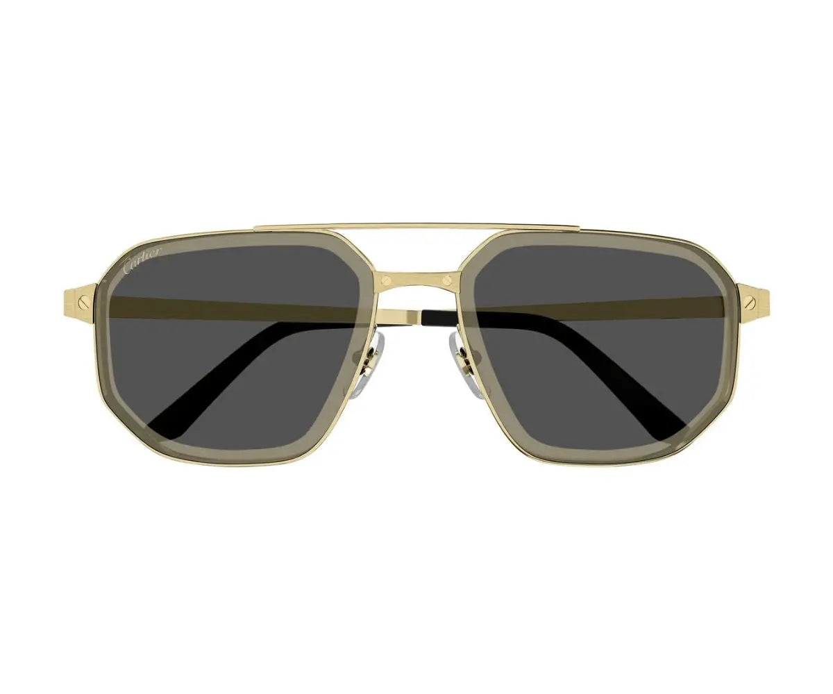Gold-framed sunglasses with dark lenses on a white background