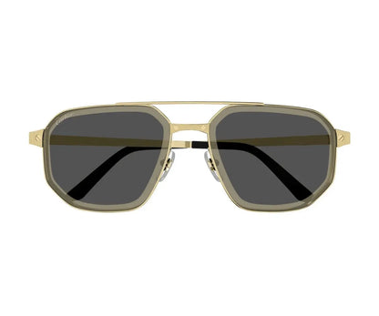Gold-framed sunglasses with dark lenses on a white background