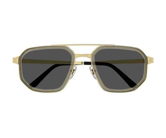 Gold-framed sunglasses with dark lenses on a white background