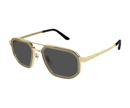 Sunglasses with black lenses and gold frames on a white background