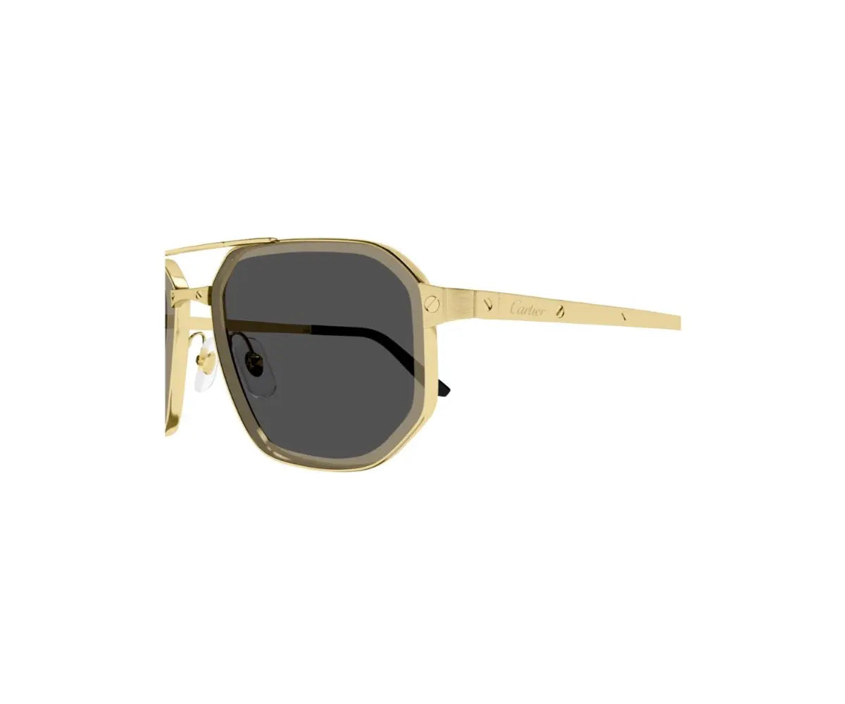 Gold-framed sunglasses with dark lenses on a white background