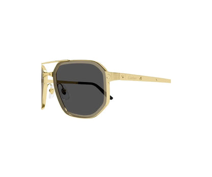 Gold-framed sunglasses with dark lenses on a white background