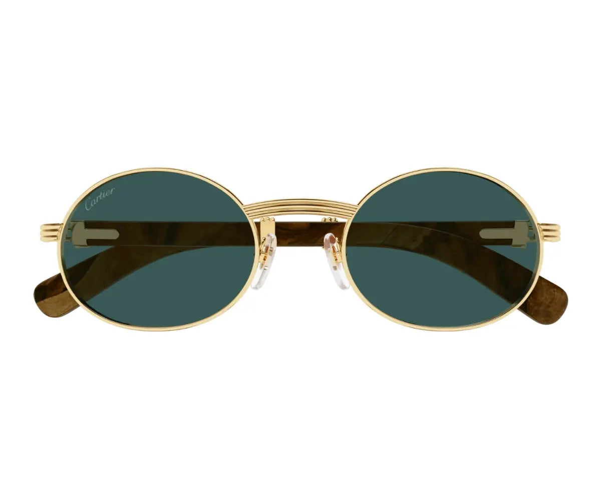 Gold-framed sunglasses with dark lenses on a white background