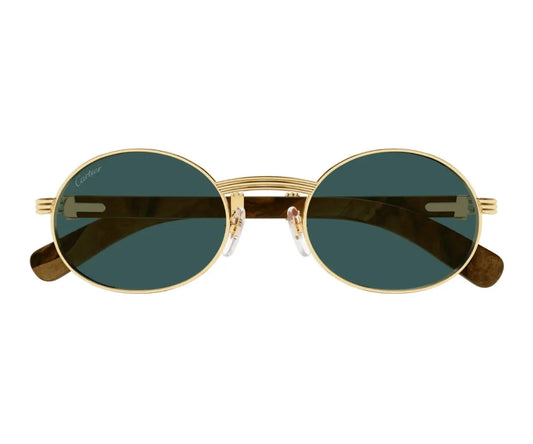 Gold-framed sunglasses with dark lenses on a white background