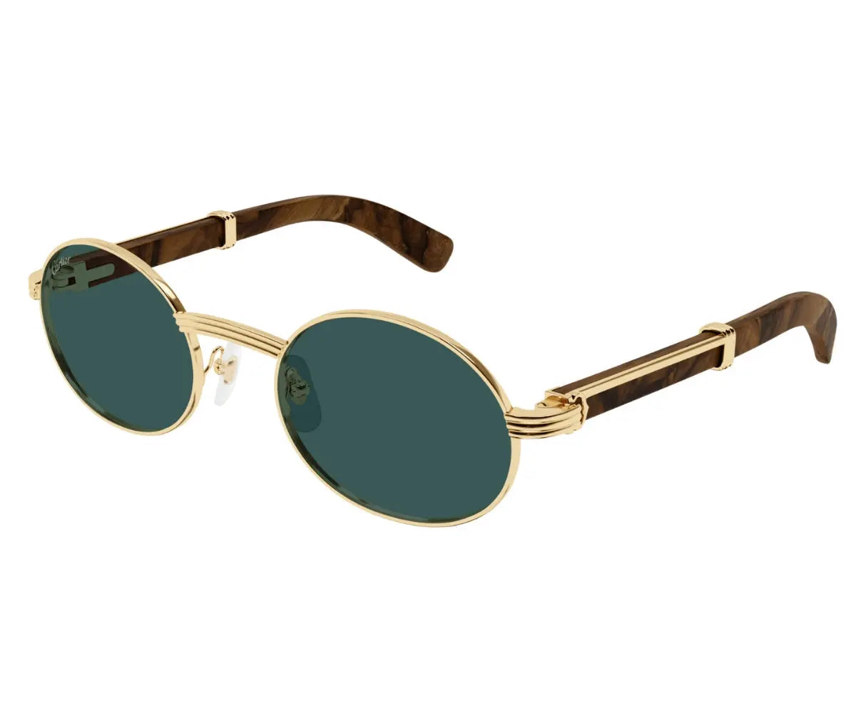 Sunglasses with gold frame and wooden accents on a white background