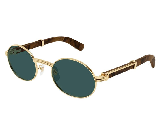 Sunglasses with gold frame and wooden accents on a white background